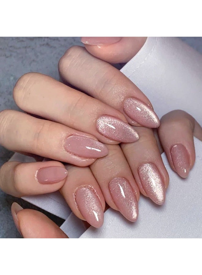 جوسكوين 24 قطعة من أظافر ضغط تركيب، قصيرة شكل لوز بيج نيود مع فن أظاهر عين القط اللامع، قابلة لإعادة الاستخدام. أظافر أكريليك مع عدة غراء. - Image 1